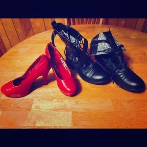 Red Pumps and Black Combat style boots
